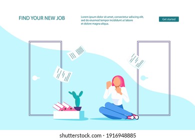 Landing webpage template of dismissal employees. Unemployment, jobless and employee job reduction metaphor. Economic crisis caused by coronavirus. Isolated on purple. Flat Art Vector Illustration