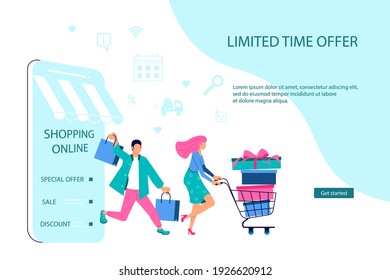 Landing webpage Vorlage des E-Commerce-Einzelhandels auf Gerät für die Kundenanwendung auf weißem Hintergrund. Menschen mit Taschen, die nach dem Einkaufen aus dem Smartphone ausgehen. Vektorgrafik