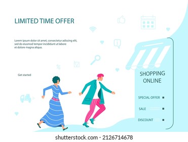 Plantilla de página web de lanzamiento de Ecommerce minorista en dispositivo para aplicación de cliente en fondo blanco. La gente va de compras al smartphone. Ilustración plana del vector
