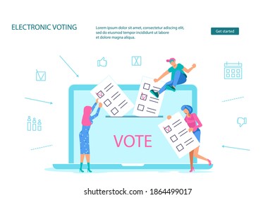 Landing webpage template of electronic voting. Tiny people put on their list newsletters to voting box on electoral internet system Vector Illustration