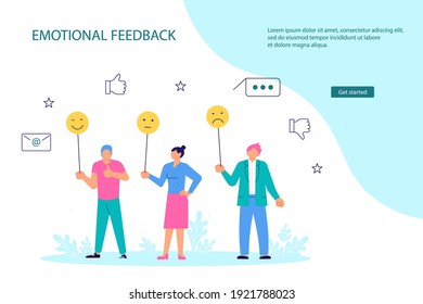Plantilla de la página web de aterrizaje Emotion comentarios y calificación de satisfacción. Pequeñas personas con diferentes emociones que dan su opción. Ilustración del vector de arte plano.