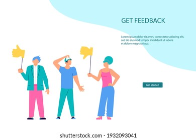 Plantilla de la página web de aterrizaje Emotion comentarios y calificación de satisfacción. Pequeñas personas con diferentes emociones que dan su opción. Ilustración del vector de arte plano.