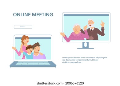 Landing webpage template of Family have collective virtual meeting with grandparents, video conference isolated on white. Flat Art Vector Illustration