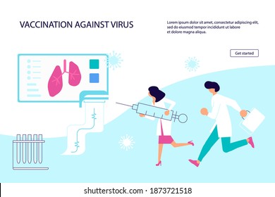 Landing webpage template of fighting new viruses. Tiny doctors carrying huge syringes to inject coronavirus vaccine. Flat Art Vector Illustration