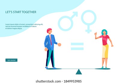 Landing webpage template of gender equality. Businessman and Businesswoman Standing On Scales. Male And Female with Equal Opportunity and Rights. Flat Art Vector Illustration