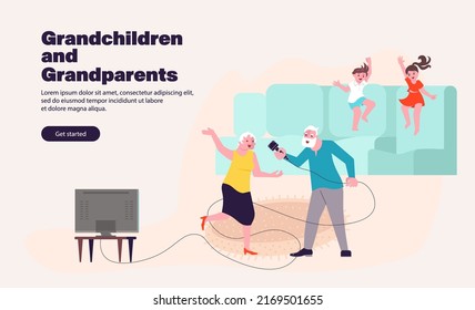 Landing webpage template with Grandparents spending time with grandchildren. Happy family with grandmother, grandfather, grandson and granddaughter have a rest at home. Flat Art Vector Illustration.