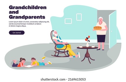 Landing webpage template with Grandparents spending time with grandchildren. Happy family with grandmother, grandfather, grandson and granddaughter have a rest at home. Flat Art Vector Illustration.