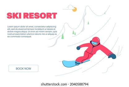 Landing webpage template of Mountain Ski Resort. Snowboarder is going down on winter Mountain Landscape background. Flat Art Vector Illustration