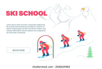 Landing webpage template of Mountain Ski School. Group of kids learning how to ski on slope with trainer on winter Mountain Landscape background. Flat Art Vector Illustration
