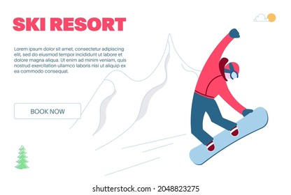 Landing webpage template of Mountain Ski Resort. Snowboarder is jumping on winter Mountain Landscape background. Flat Art Vector Illustration