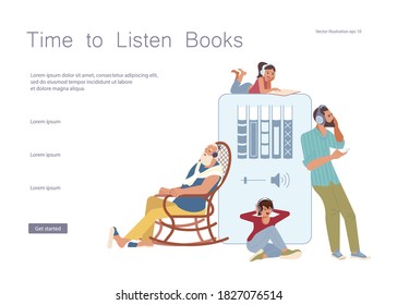 Landing webpage template of Online music streaming, audiobooks store. Children, young and old people have relax with listening. Music applications, playlist songs, ebooks catalog. Vector Illustration