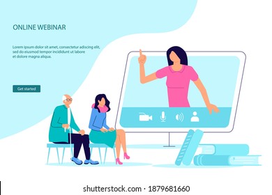 Landing webpage template of People on online webinar or seminar in digital classroom. Professional personal teacher service metaphor. Flat Art Vector Illustration.