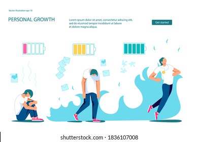 Landing webpage template of Professional Burnout at work metaphor. Concept of enthusiastic manager on the start of project and exhausted on the finish. Flat Art Vector Illustration