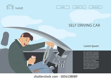 Landing Webpage Template Of Self Driving Car. The Male Driver Spilled Some Coffee On His Pants. Young Chauffeur Character In Auto. Flat Art Vector Illustration