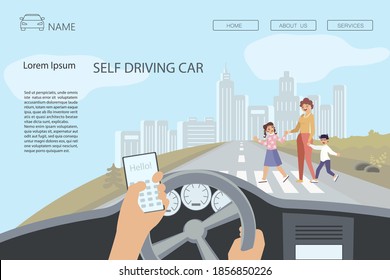 Plantilla de página web de aterrizaje de auto auto-auto-auto-auto. El conductor usa smartphone mientras conduce un coche. Una mujer con niños cruza la calle frente al auto. Ilustración de vectores de arte plano