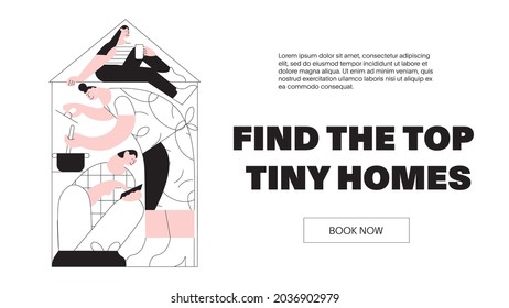 Landing Webpage Template Of Tiny House. Small Home With Compact Space And Happy Family Inside. Flat Art Vector Illustration