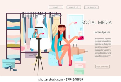 Landing webpage template of vlogging. Woman blogger shooting video content for live streaming broadcast social media networking. Freelancer creates shopping blog. Flat Art Vector illustration