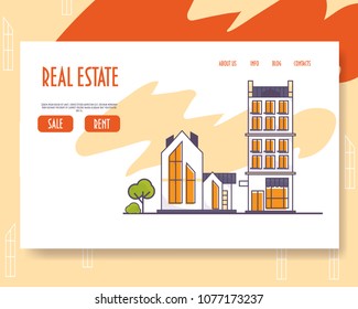 Landing webpage vector concept template with a line art style illustration: Real estate modern architecture style. Neighborhood city houses or buildings for sale or rent. Real Estate site template.