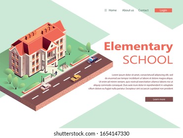 Landing Website Isometric Modern Elementary School. Facade Beautiful Building Public Educational Institution and Yard. Road with Vehicles and Police Car. Vector Schoolchild or Teacher Runs to Study