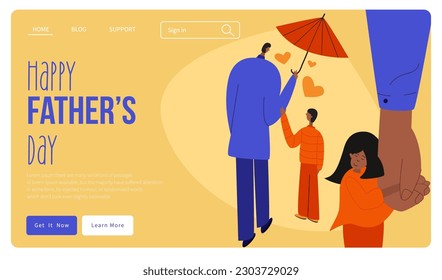 The landing website page with dad, son, daughter under umbrella and lettering HAPPY FATHER’S DAY. 