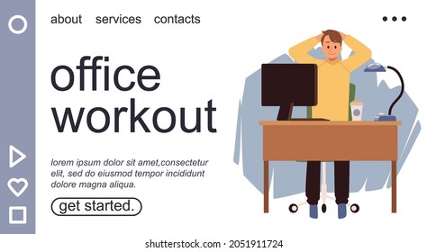 Landing website page on topic on office workout with man man doing exercises or break during working time, flat vector illustration. Office worker doing exercises.