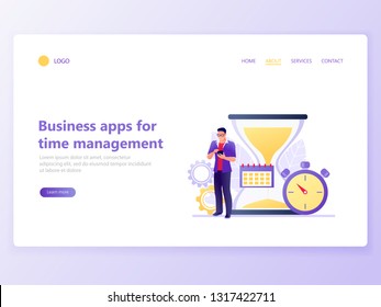 Landing website page template of Time management, planning and organization of working time. Man with smartphone standing near hourglass. Flat concept vector illustration