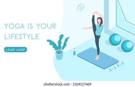 Landing for the website Yoga and Pilates classes, people play sports isometric 3D vector illustration.