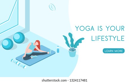 Landing for the website Yoga and Pilates classes, people play sports isometric 3D vector illustration.