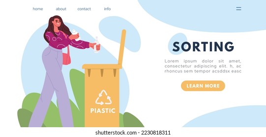 Landing of Woman sort waste, taking care of environment. Sorting and Recycling concept. Flat vector illustration