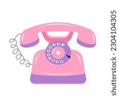 Landline retro phone. Old phone with round dial and wire. Vintage equipment for remote communication. Nostalgia 80s, 90s. 