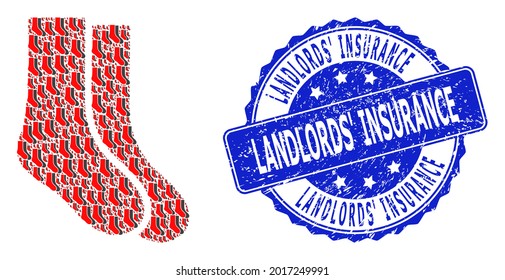 Landlords Insurance rubber round stamp seal and vector recursive collage socks. Blue stamp seal includes Landlords Insurance title inside round shape.