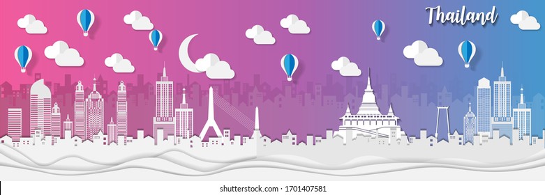 landmark of Bangkok Thailand panorama city in paper cut origami vector 