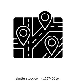Landmark black glyph icon. Map with GPS pointers. Mark route to destination. Search for place positioning. Information for sightseeing. Silhouette symbol on white space. Vector isolated illustration