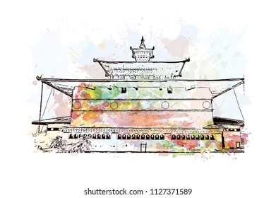 Landmark building of Bhutan Country in South Asia. Watercolor splash with Hand drawn sketch illustration in vector.