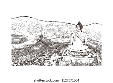 Landmark building of Bhutan Country in South Asia. Hand drawn sketch illustration in vector.