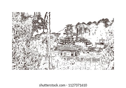 Landmark building of Bhutan Country in South Asia. Hand drawn sketch illustration in vector.