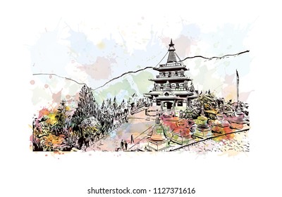 Landmark building of Bhutan Country in South Asia. Watercolor splash with Hand drawn sketch illustration in vector.