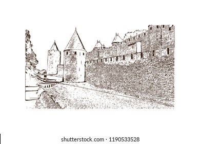 Landmark building of Carcassonne City in France. Hand drawn sketch illustration in vector.