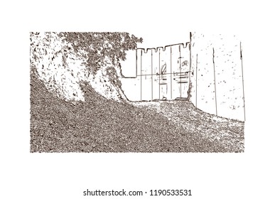 Landmark building of Carcassonne City in France. Hand drawn sketch illustration in vector.