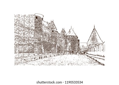 Landmark building of Carcassonne City in France. Hand drawn sketch illustration in vector.