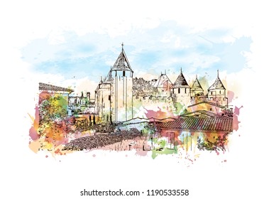 Landmark building of Carcassonne City in France. Watercolor splash with hand drawn sketch illustration in vector.