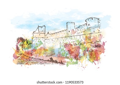 Landmark building of Carcassonne City in France. Watercolor splash with hand drawn sketch illustration in vector.