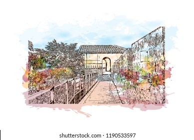 Landmark building of Carcassonne City in France. Watercolor splash with hand drawn sketch illustration in vector.