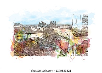 Landmark building of Carcassonne City in France. Watercolor splash with hand drawn sketch illustration in vector.