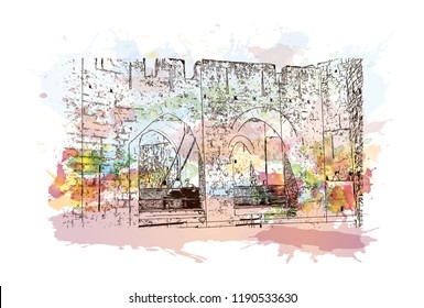 Landmark building of Carcassonne City in France. Watercolor splash with hand drawn sketch illustration in vector.
