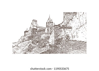 Landmark building of Carcassonne City in France. Hand drawn sketch illustration in vector.