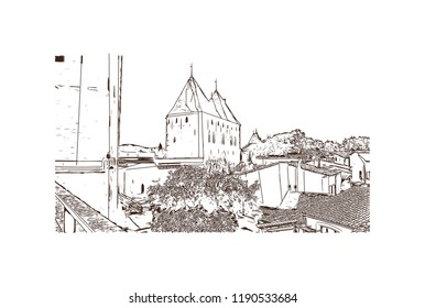 Landmark building of Carcassonne City in France. Hand drawn sketch illustration in vector.