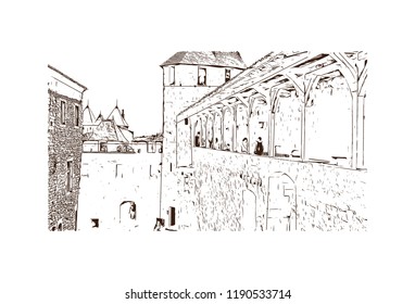 Landmark building of Carcassonne City in France. Hand drawn sketch illustration in vector.