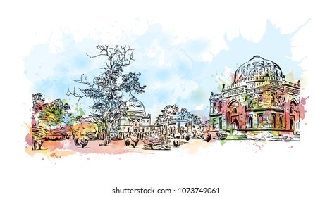 Landmark with building of Delhi, capital of India. Watercolor splash with hand drawn sketch illustration in vector.