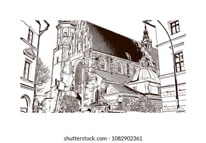 Landmark with building of Krakow, City in Poland. Hand drawn sketch illustration in vector.